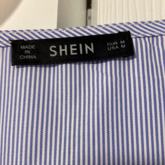 SHEIN Striped Button Front Lantern Sleeve Embroidered Dress - Picture 2 of 3